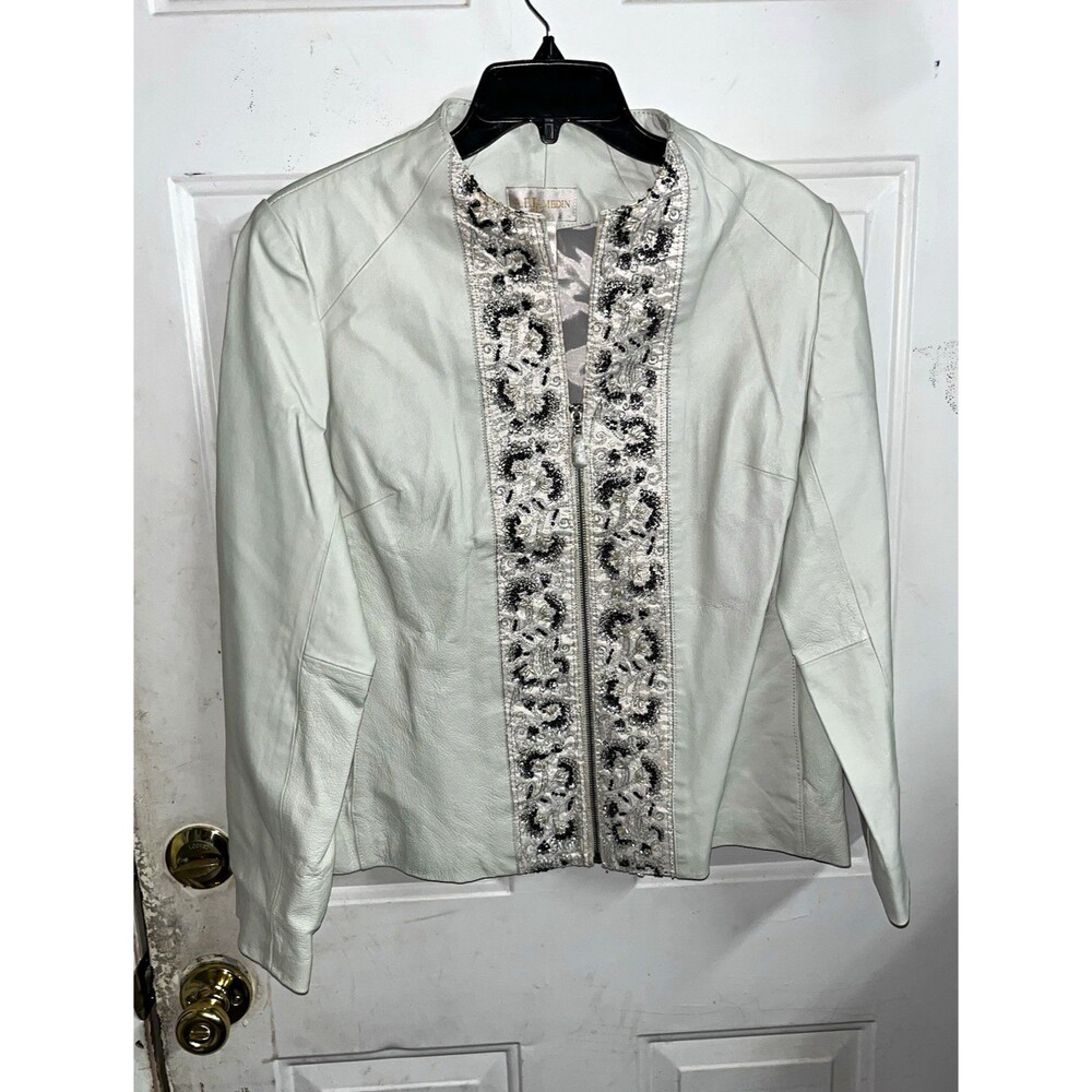 A.B. Lambdin Women’s White Leather Zip Jacket Beaded Floral size 12